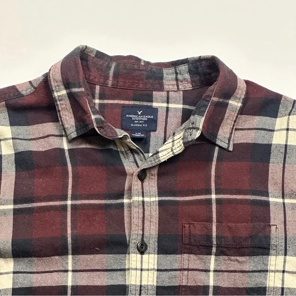 American Eagle Outfitters Men's Plaid Flannel Shirt - Maroon and Cream - Picture 5 of 7